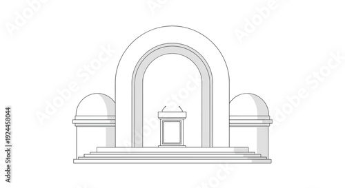 A minimalist line art illustration showcases a symmetrical architectural structure with a central arch, two domes, and a podium on a tiered stage.