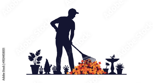 A dark silhouette of a man in a cap is raking a colorful pile of autumn leaves within a garden scene featuring various potted plants and a birdbath.