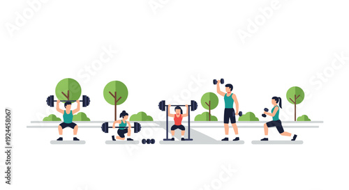 Multiple diverse individuals are actively engaged in various weightlifting and strength training exercises with barbells and dumbbells in a bright, open park setting with green trees.