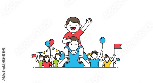 A smiling father is joyfully carrying a cheerful child on his shoulders within a diverse crowd, surrounded by colorful balloons, flags, and festive banners in a clean outline style.