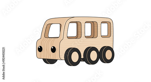A charming light brown wooden toy bus with six black wheels and two friendly eyes is presented against a clean white background.