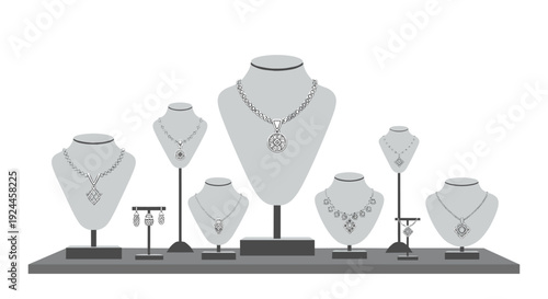 A minimalist display features seven gray mannequin busts adorned with intricate diamond and silver necklaces and earrings on a dark gray stand.