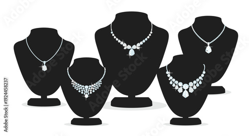 Five black jewelry display busts of varying heights showcase unique sparkling silver necklaces adorned with multiple clear diamonds against a clean white background.