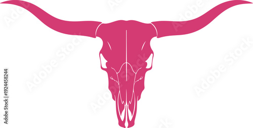 Isolated pink graphic illustration of bull skull with prominent horns and hollow eye sockets