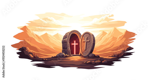 A pixel art empty tomb with its stone rolled away reveals a glowing red cross inside, set within a warm-toned desert landscape under a bright sky.