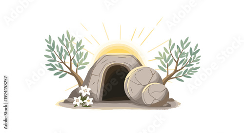 A pixel art empty tomb with its stone rolled aside is flanked by two olive trees and white lilies, with a bright yellow sun rising behind it on a white background.