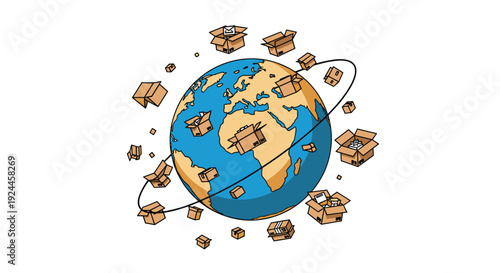 A stylized Earth globe with blue oceans and brown continents is encircled by numerous floating cardboard boxes, connected by an orbital path, on a white background.