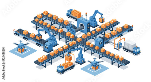 An isometric automated factory features blue conveyor belts moving brown boxes, with robotic arms, two trucks, and two drones efficiently managing logistics on a white background.