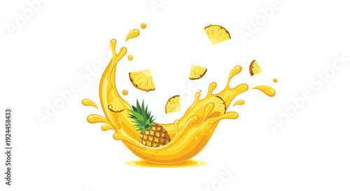 A pineapple with its green crown is partially submerged in a vibrant yellow juice splash that arcs gracefully upwards, surrounded by fewer distinct chunks.