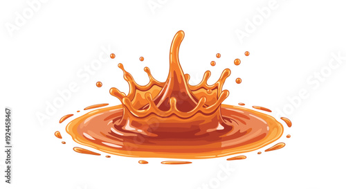 A vibrant orange-caramel liquid splash forms a distinct crown with numerous small droplets and a flat circular pool at its base on a white background.