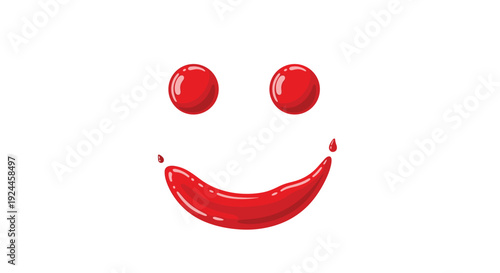 A minimalist smiley face is artfully formed from vibrant red liquid, featuring two round eyes and a broad, curved mouth with a small drip.