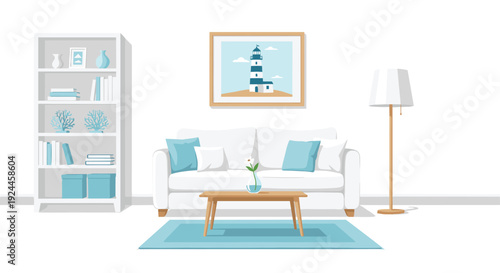 A white sofa with blue cushions is centered with a wooden coffee table, a white bookshelf, and a floor lamp on a white wall.