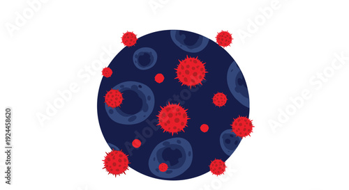 An illustrative dark blue sphere covered with red spiky virus particles and dark blue ring shapes is depicted against a plain white background.