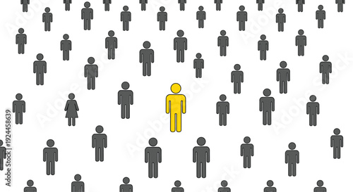 Numerous grey stick figures, including male and one female, are arranged in a repeating grid pattern with a central yellow stick figure on a pristine white background.