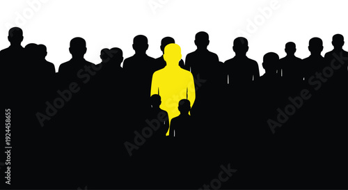A crowd of black human silhouettes fills the lower frame, featuring one prominent yellow figure centrally in the foreground against a clean white upper background.