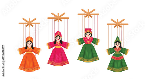 Four traditional female puppet dolls, dressed in distinct colorful attire and headwear, are suspended by wooden controls and strings on a plain white background.