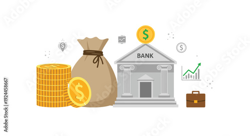 A clean flat illustration presents a grey bank building with BANK text, a large money bag, a tall coin stack, a single dollar coin, a briefcase, and an ascending green graph on a white backdrop.
