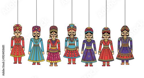 Seven traditional Indian puppet dolls, both male and female, showcasing unique colorful clothing, headwear, and facial features, are suspended by strings on a clean white background.