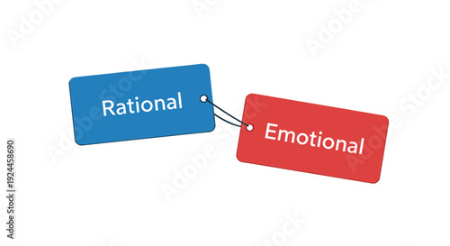 Two distinct rounded rectangular tags, one blue inscribed Rational and the other red inscribed Emotional, are linked by a short black string against a white background.