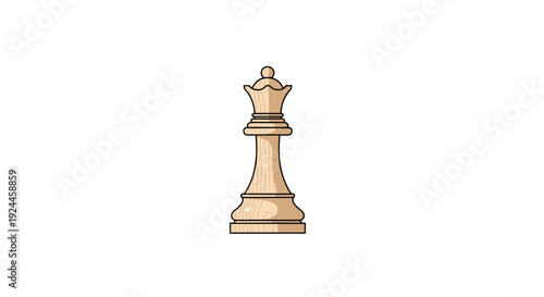 A simple light-colored wooden chess queen piece stands vertically centered on a plain white background.