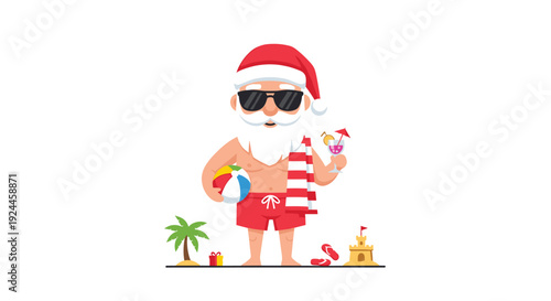 A cartoon Santa Claus in swim shorts and sunglasses holds a beach ball and cocktail amidst beach elements on a white background.