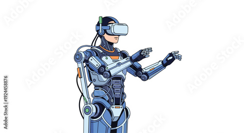 A futuristic humanoid robot, predominantly blue and white with visible wires, wears a virtual reality headset and extends its hands on a clean white background.