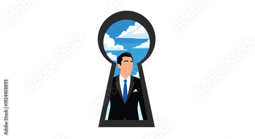 A man in a sharp blue suit and tie is looking forward through a large, dark keyhole, revealing a vibrant blue sky with fluffy white clouds beyond.