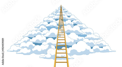 A long wooden ladder with numerous rungs extends vertically into a vast expanse of white, fluffy clouds.