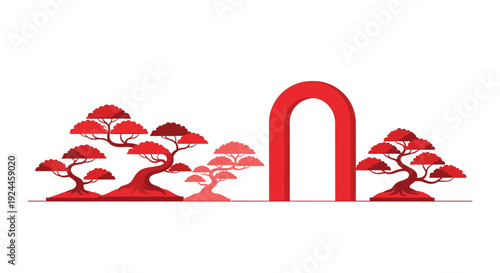 A simple red arched gate is centrally positioned, surrounded by stylized red bonsai trees on a white background.