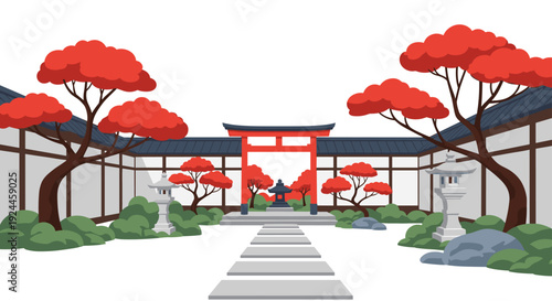 A traditional Japanese garden with a red torii gate, red-leafed trees, and stone lanterns is depicted on a white background.