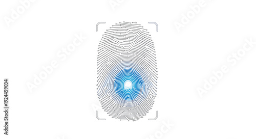 A single, vertically oriented fingerprint graphic with a glowing blue core and grey circuit lines is centered on a white background.