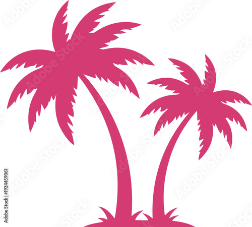 Two stylized pink palm trees illustration with fronds and trunks isolated on transparent background