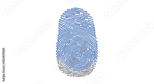 A single, vertically oriented fingerprint graphic composed of blue and grey circuit board lines is centered on a white background.