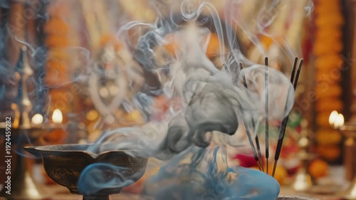 Incense Smoke Billows From Traditional Oil Lamp In Front Of Deities With Colorful Garlands