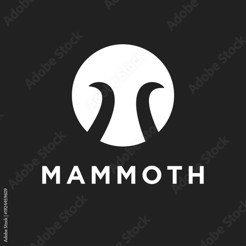 Minimalist Mammoth Logo Design with Abstract Tusks in a White Circle and Brand Name