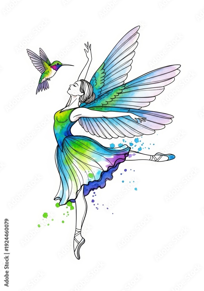 Fototapeta premium Woman ballet dancer with hummingbird wings and colorful watercolor splashes. Fairy tale ballerina dancing with a bird for children story.