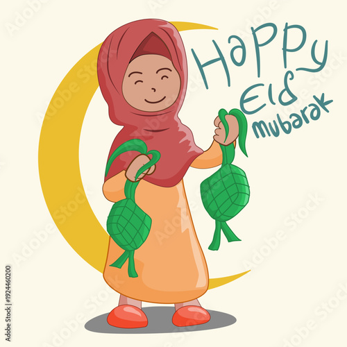 Happy eid mubarak celebrated by a muslim girl with ketupat, perfect for greeting cards, social media posts, and festive designs.