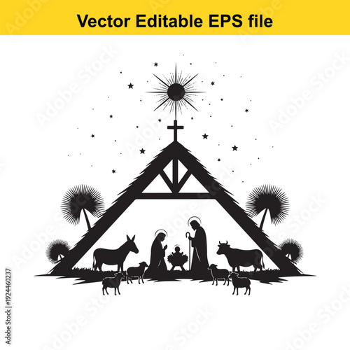 Nativity Scene Silhouette Design with Holy Family - Vector Illustration