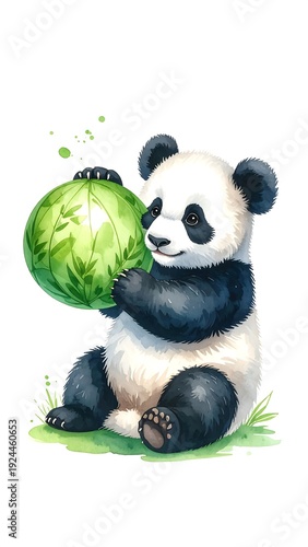 A panda holding a green watermelon (1)