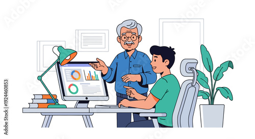 Senior Mentor Guides Junior Employee on Computer