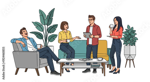 Relaxed Colleagues Enjoying Coffee Office Lounge