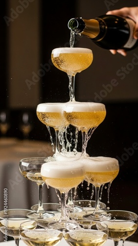 Bubbling Champagne Cascade: A pyramid of elegant champagne glasses is being filled, cascading the sparkling liquid from top to bottom, embodying the spirit of celebration and festivity.