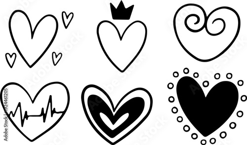 Cute Heart Shape Illustration Set with Playful Patterns Like Band-Aids, Wings, and Crowns for Expressive Digital Planner Stickers and Journals