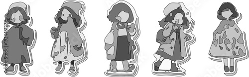 Cute Japanese style girl character icons wearing different fashion outfits like berets, cardigans, and dresses for digital stickers and mobile app design