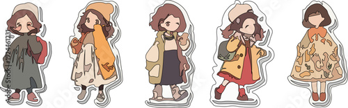Cute Japanese style girl character icons wearing different fashion outfits like berets, cardigans, and dresses for digital stickers and mobile app design