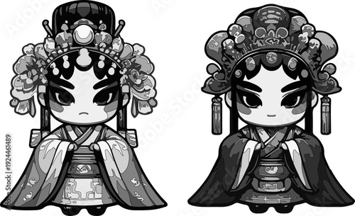 Detailed Chibi Illustration Bundle of Various Chinese Opera Roles, Including Male and Female Characters with Ornate Headgear and Colorful Robes, Perfect for Educational and Decorative Use