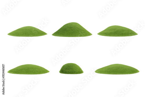 Six small green grassy mounds isolated on a transparent background, shown as individual landscape turf elements