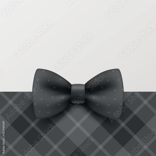 Vector 3d Black Bow on Checkered Background. Elegant Gift Ribbon Banner for Holiday Card and Invitation Design. Festive Present Decoration Template with Copy Space, Vector Illustration