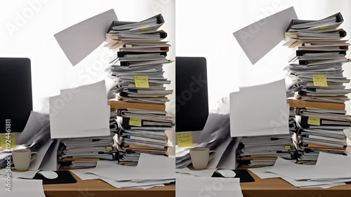 A chaotic desk with piles of papers, folders, a mug, keyboard and computer monitor