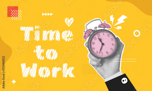 Halftone collage banner template with vintage alarm clock